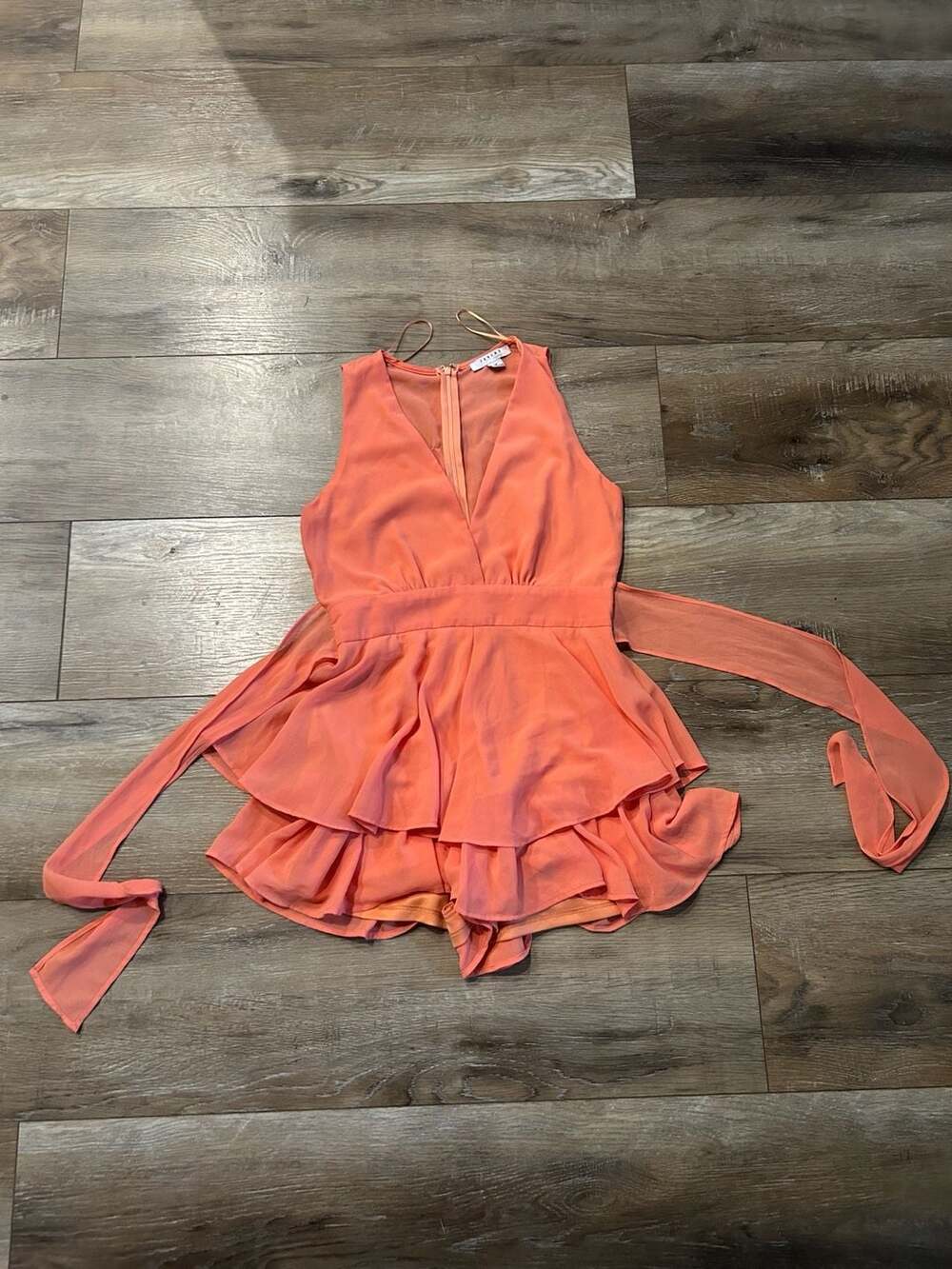 Favlux Fashion Peach V-Neck Layered Ruffle Romper with Tie Belt Size M